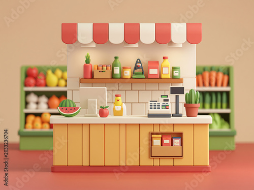 A 3D cartoon-style convenience store checkout counter displays registers, fridges, and colorful canned goods.
