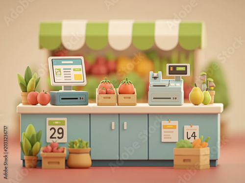 A 3D cartoon-style convenience store checkout counter displays registers, fridges, and colorful canned goods.