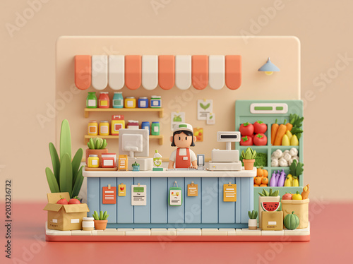 A 3D cartoon-style convenience store checkout counter displays registers, fridges, and colorful canned goods.