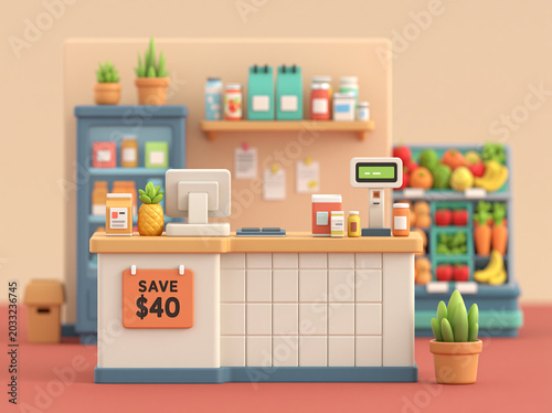 A 3D cartoon-style convenience store checkout counter displays registers, fridges, and colorful canned goods.