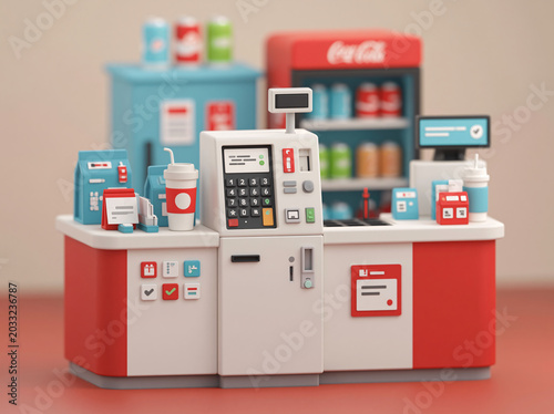 A 3D cartoon-style convenience store checkout counter displays registers, fridges, and colorful canned goods.