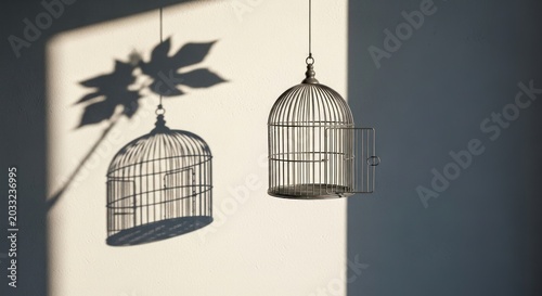 Birdcages hanging with leaf artwork inside.