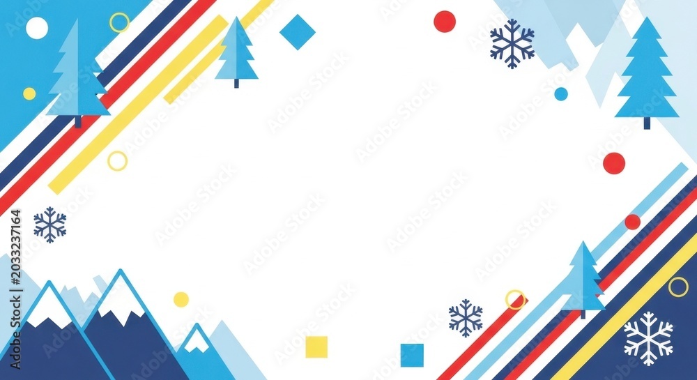 Obraz premium Winter mountain landscape background with fir trees snowflakes and diagonal line art.