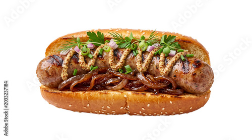 Gourmet grilled bratwurst sandwich with caramelized onions and mustard, artisan hot dog on toasted bun, premium street food isolated on white
