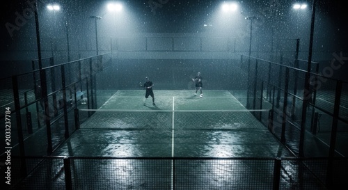 Padel players on indoor court at night.