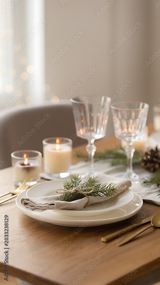 Fototapeta premium Elegant Christmas Table Setting with Candles and Greenery.