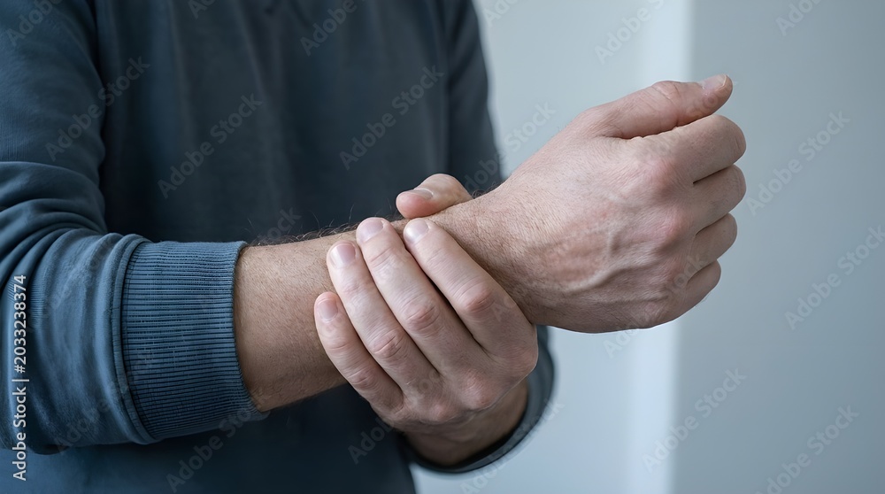 Fototapeta premium Adult person experiencing discomfort, holding their painful wrist in a close-up indoor shot, illustrating a health concern