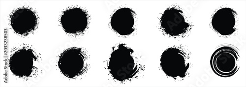 Set of black grunge circles shapes on a white background. Grunge round shapes. Japanese and chinese calligraphy round shapes. black stamp vector.