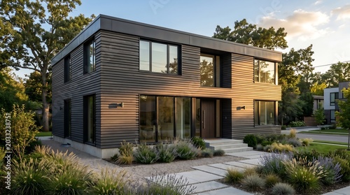 Contemporary house facade with horizontal thermally modified ash cladding, deep gray tone, recessed black-frame windows, golden hour light