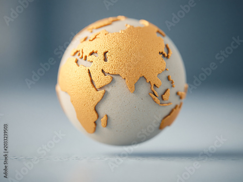 A minimalist globe with metallic rose gold continents floats against a soft grey background, focusing on Asia and Australia.