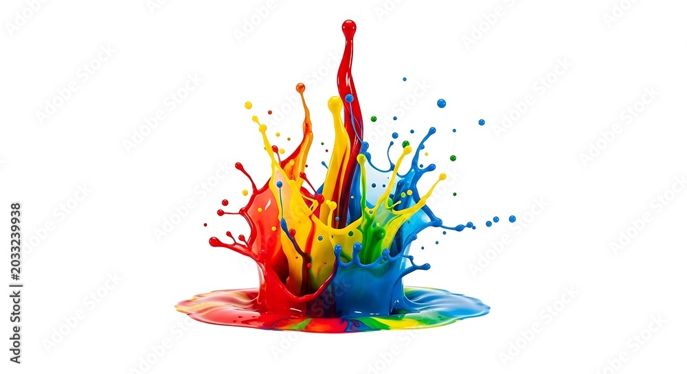 Obraz premium Vibrant colorful paint splash explosion with multicolored liquid droplets isolated on white background