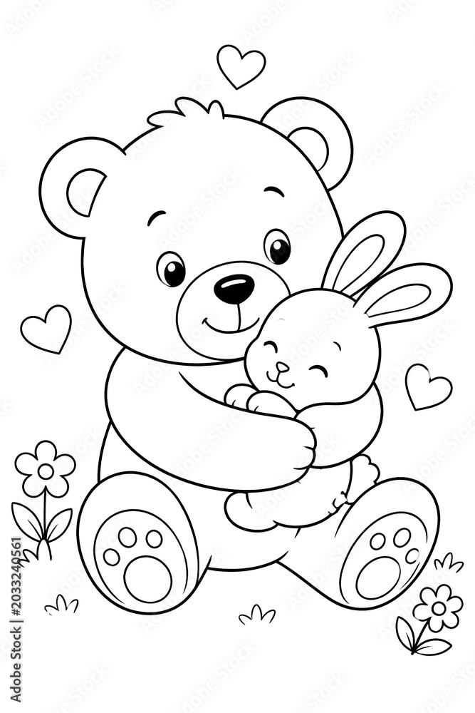 Fototapeta premium Cute Teddy Bear Hugging Bunny Rabbit Toy Coloring Page for Children