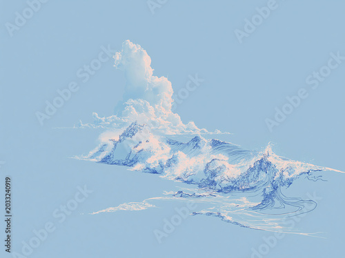 A delicate blue line-art wave with birds blends seamlessly into a light blue background, evoking calm coastal serenity.