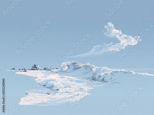 A delicate blue line-art wave with birds blends seamlessly into a light blue background, evoking calm coastal serenity.