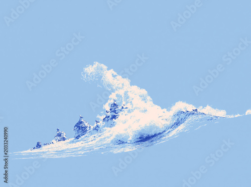 A delicate blue line-art wave with birds blends seamlessly into a light blue background, evoking calm coastal serenity.