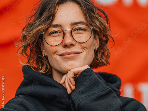 A young person in a black hoodie smiles brightly, touching their cheek against a bold red background.