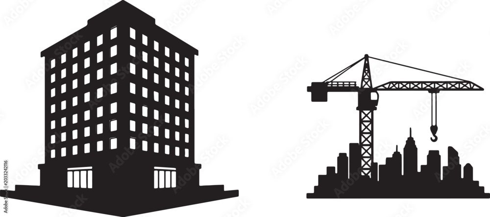 Obraz premium Black silhouette of a tall building and crane constructing a city skyline also transparent background