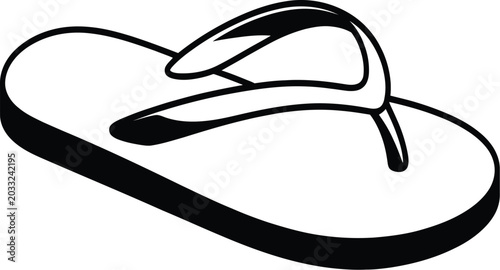 Obraz na plátně Black and white outline of a single flip-flop sandal isolated on a white background featuring simple line art and clean vector illustration style