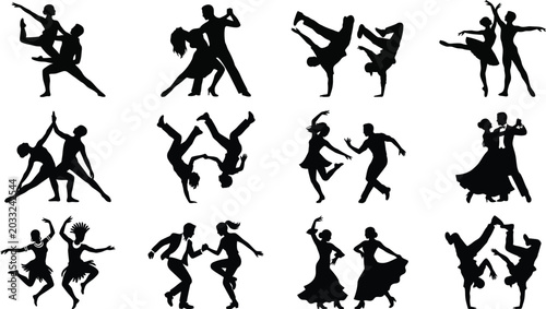 Foto Dancing figures silhouettes on a white background dynamic poses collection