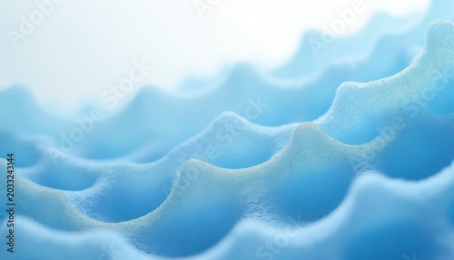Close-up abstract of blue aerogel material. Translucent honeycomb structure with gossamer walls forms three-dimensional web pattern. Cellular composition looks weightless. Macro photo shows intricate