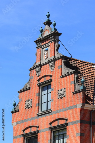 Hobbemakade Red Brick Stepped Gable with Sculpted Decoration in Amsterdam, Netherlands