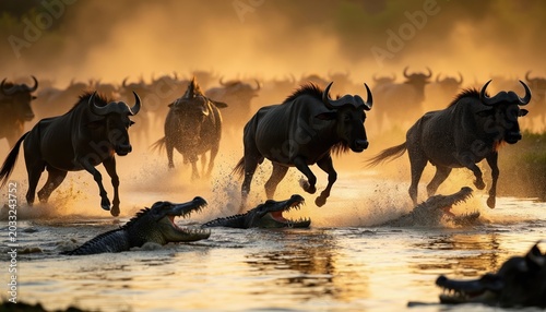 Wildebeest herd runs across shallow river. Crocodiles wait in water, jaws open ready to hunt. Animals jump and splash, fleeing predators during migration.