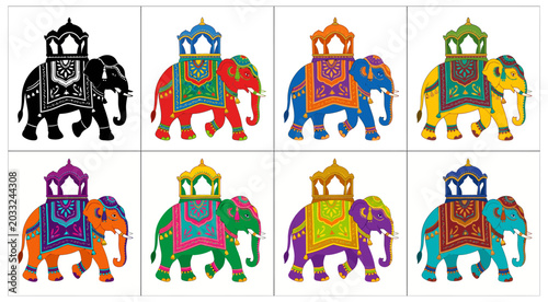 Schilderij op canvas decorated elephant with palanquin colorful vector illustration set