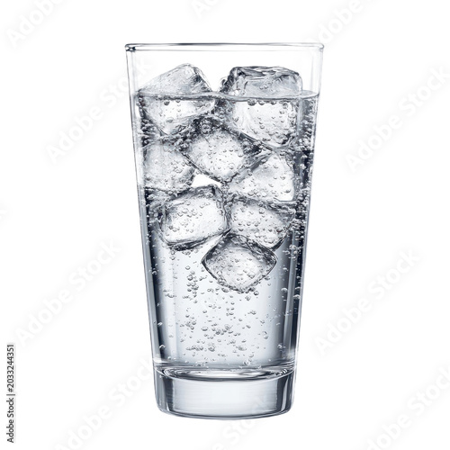 Glass of sparkling water with ice cubes isolated on transparent background