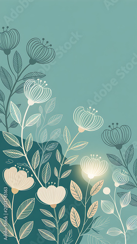Whimsical floral illustration with glowing elements and soft green and blue hues