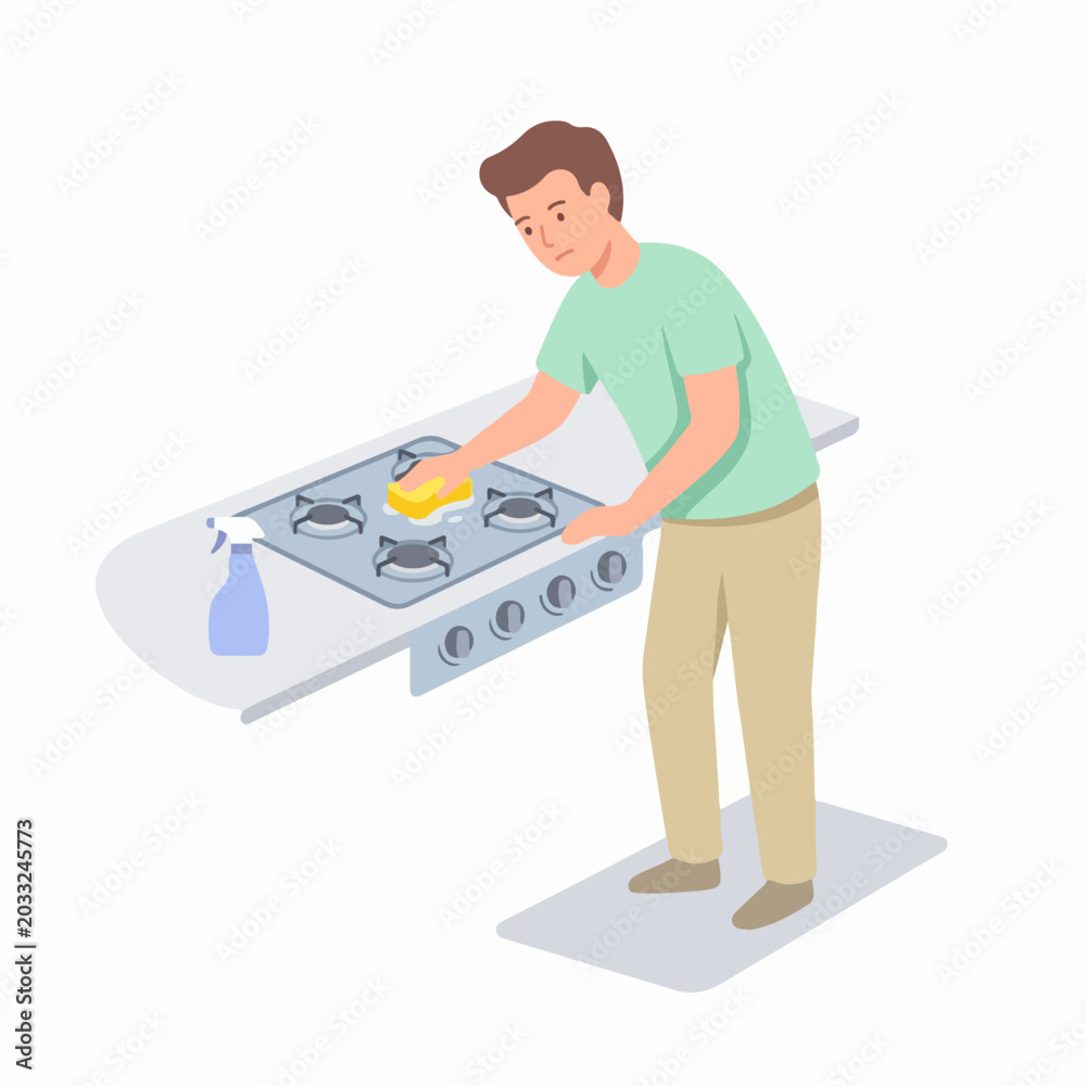 Obraz premium Man cleaning gas stove with sponge, vector illustration. Concept of home maintenance, cooking preparation, and fathers day gift ideas for men. Useful for lifestyle blogs, home improvement guides,