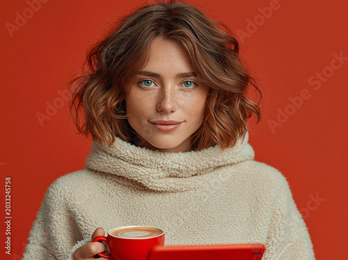 A girl in an orange knit sweater holds a red mug and tablet, smiling against a matching warm background.