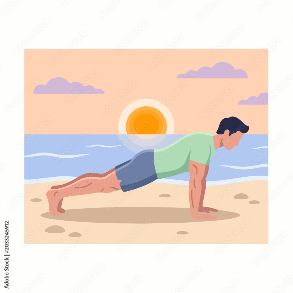 Fototapeta premium Man performing push-ups on sandy beach during sunrise, vector illustration style. Concept of fitness, exercise, and outdoor activities. Useful for Fathers Day promotions, health campaigns,