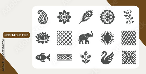 Foto Decorative motif and pattern icons arranged on white background