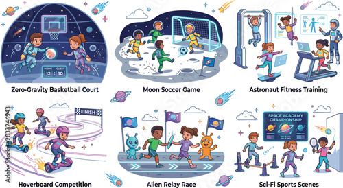 Tableau sur toile Galactic Space Academy Sports Vector Set Featuring Zero Gravity Basketball Moon