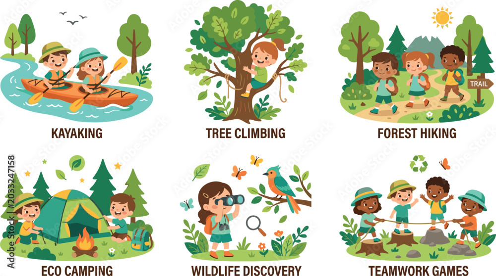 Fototapeta premium Outdoor Summer Camp Adventure Vector Set Featuring Kids Kayaking Forest Hiking Eco Camping and Wildlife Discovery for Nature Based Education Branding