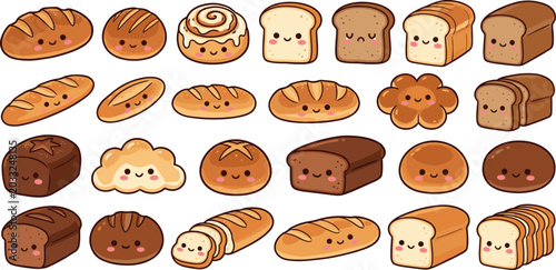 Foto Cute cartoon bakery and bread character sticker set featuring sliced white loaf baguette cinnamon roll bun and dinner roll illustrations vector