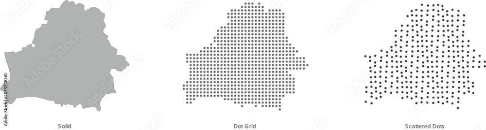 Fototapeta premium Set of three stylized maps of belarus in solid, dot grid, and scattered dots vector illustration