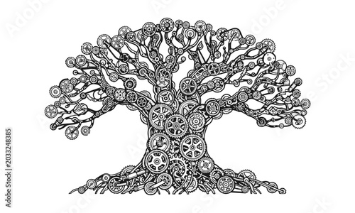Hand drawing Intricate Mechanical Tree of Gears and Cogs Vector Illustration