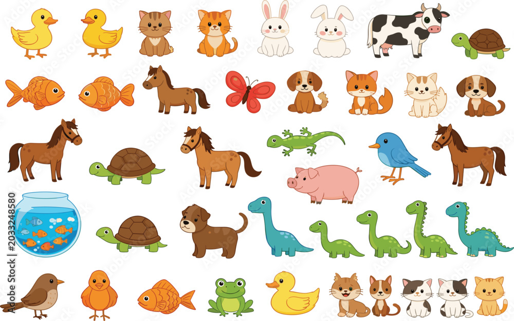Fototapeta premium Cute cartoon animal collection with cats, dogs, ducks, dinosaurs, horses, turtles, and farm animals for kids vector illustration set