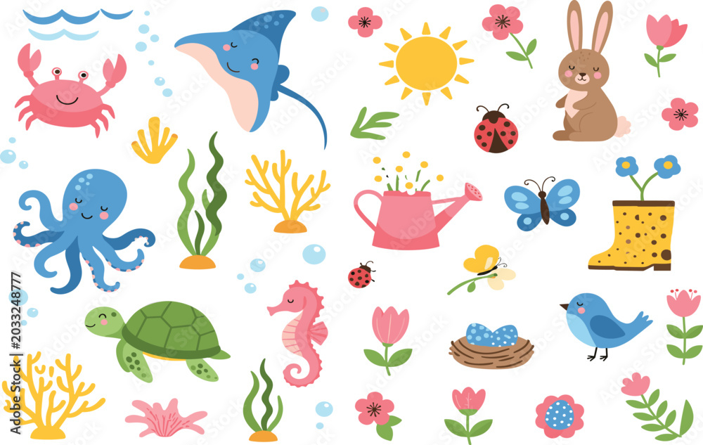 Naklejka premium Cute ocean and garden doodle collection with sea animals, flowers, insects, and pastel nature elements for kids vector illustration set