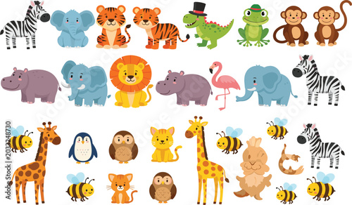 Photography Cute cartoon wild animal collection with zebra, elephant, tiger, lion, giraffe,