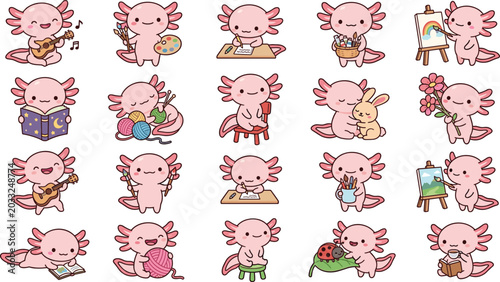 Foto Cute pink axolotl hobby and craft cartoon character sticker set featuring the little salamander painting reading knitting playing guitar and gardening vectors