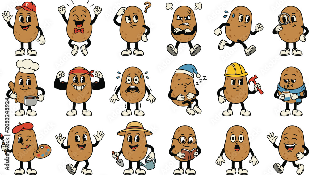 Fototapeta premium Vintage rubber hose cartoon potato character set featuring funny retro mascot expressions hobbies and occupations like builder artist chef and gardener vectors.