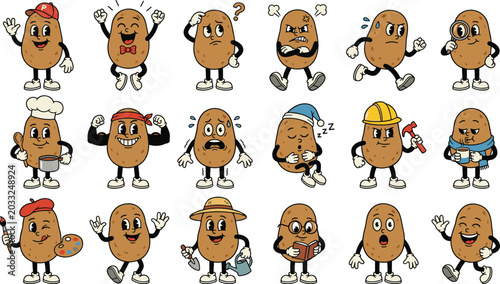Foto Vintage rubber hose cartoon potato character set featuring funny retro mascot expressions hobbies and occupations like builder artist chef and gardener vectors