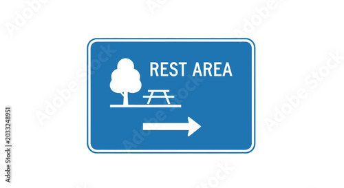 Rest Area Sign with Tree and Picnic Table Icon, Arrow Pointing Right