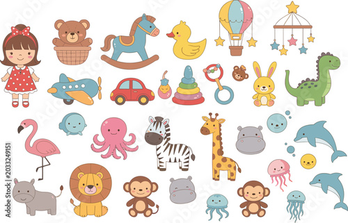 Photography Cute pastel cartoon animal and baby toy collection with nursery doodles, playful