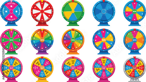 Konstfotografi Colorful wheel of fortune vector icon collection featuring lucky lottery spin wheels for casino gambling games online quizzes trivia and carnival giveaway rewards