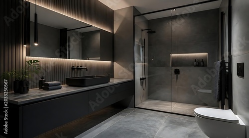 Modern Luxury Bathroom Interior Design with Sleek Fixtures and Ambient Lighting.