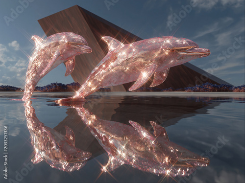 Two sparkling crystal dolphins leap above water, their glittering forms mirrored in the calm surface.