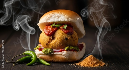 Steaming spiced potato patty sandwich with chili, chutneys, on dark wood